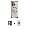 MARSİLYAN™- iPhone 15 Pro Max Kılıf Ahenk Işık Serisi - Siyah Bilvis Hayalet Cam Ekran Koruyucu + PVD Metal Kamera Lens - LT