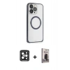MARSİLYAN™- iPhone 15 Pro Max Kılıf Ahenk Işık Serisi - Siyah Bilvis Hayalet Cam Ekran Koruyucu + PVD Metal Kamera Lens - SH