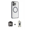 MARSİLYAN™- iPhone 15 Pro Max Kılıf Ahenk Işık Serisi - Siyah Bilvis Hayalet Cam Ekran Koruyucu + PVD Metal Kamera Lens - TU