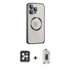 MARSİLYAN™- iPhone 15 Pro Max Kılıf Ahenk Işık Serisi - Siyah Bilvis Hayalet Cam Ekran Koruyucu + PVD Metal Kamera Lens - SH