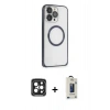 MARSİLYAN™- iPhone 15 Pro Max Kılıf Ahenk Işık Serisi - Siyah Bilvis Hayalet Cam Ekran Koruyucu + PVD Metal Kamera Lens - SH