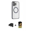 MARSİLYAN™- iPhone 15 Pro Max Kılıf Ahenk Işık Serisi - Siyah Buffer Cam Ekran Koruyucu + Titanyum Gri Raze Metal Kamera Lens