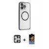MARSİLYAN™- iPhone 15 Pro Max Kılıf Ahenk Işık Serisi - Siyah Buffer Hayalet Cam Ekran Koruyucu + Gümüş PVD Metal Kamera Lens