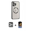 MARSİLYAN™- iPhone 15 Pro Max Kılıf Ahenk Işık Serisi - Siyah Buffer Hayalet Cam Ekran Koruyucu + PVD Metal Kamera Lens - LT