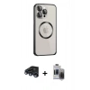 MARSİLYAN™- iPhone 15 Pro Max Kılıf Ahenk Işık Serisi - Siyah Vanessa Magic Hayalet Cam + Lacivert Raze Metal Kamera Lens