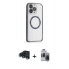 MARSİLYAN™- iPhone 15 Pro Max Kılıf Ahenk Işık Serisi - Siyah Vanessa Magic Hayalet Cam + Lacivert Raze Metal Kamera Lens