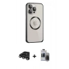 MARSİLYAN™- iPhone 15 Pro Max Kılıf Ahenk Işık Serisi - Siyah Vanessa Magic Hayalet Cam + Titanyum Gri Raze Metal Kamera Lens