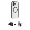 MARSİLYAN™- iPhone 15 Pro Max Kılıf Ahenk Işık Serisi - Siyah Vanessa Magic Hayalet Cam + Titanyum Gri Raze Metal Kamera Lens