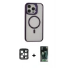 MARSİLYAN™- iPhone 15 Pro Max Kılıf Ahenk Klasik Özel Seri - Şeffaf 360 Full Body Arka Koruyucu + Lacivert PVD Metal Kamera Lens