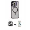 MARSİLYAN™- iPhone 15 Pro Max Kılıf Ahenk Klasik Özel Seri - Şeffaf Pasifik Cam Ekran Koruyucu + PVD Metal Kamera Lens - SH