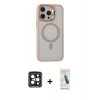 MARSİLYAN™- iPhone 15 Pro Max Kılıf Ahenk Klasik Özel Seri - Şeffaf Pasifik Cam Ekran Koruyucu + PVD Metal Kamera Lens - SH