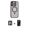 MARSİLYAN™- iPhone 15 Pro Max Kılıf Ahenk Klasik Özel Seri - Siyah 3D Antistatik Hayalet Cam Ekran Koruyucu + PVD Metal Kamera Lens - SH