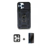 MARSİLYAN™- iPhone 15 Pro Max Kılıf Ahenk Klasik - Siyah 3D Antistatik Hayalet Cam Ekran Koruyucu + PVD Metal Kamera Lens - GS