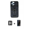 MARSİLYAN™- iPhone 15 Pro Max Kılıf Ahenk Klasik - Siyah 3D Antistatik Hayalet Cam Ekran Koruyucu + PVD Metal Kamera Lens - SH