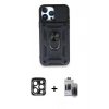 MARSİLYAN™- iPhone 15 Pro Max Kılıf Ahenk Klasik - Siyah Vanessa Magic Hayalet Cam + Lacivert PVD Metal Kamera Lens