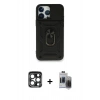 MARSİLYAN™- iPhone 15 Pro Max Kılıf Ahenk Klasik - Siyah Vanessa Magic Hayalet Cam + Lacivert PVD Metal Kamera Lens