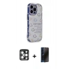 MARSİLYAN™- iPhone 15 Pro Max Kılıf Ahenk Modern Serisi - Siyah 3D Antistatik Hayalet Cam Ekran Koruyucu + PVD Metal Kamera Lens - LT