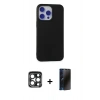 MARSİLYAN™- iPhone 15 Pro Max Kılıf Ahenk Serisi - Siyah 3D Antistatik Hayalet Cam Ekran Koruyucu + PVD Metal Kamera Lens - LT