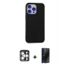 MARSİLYAN™- iPhone 15 Pro Max Kılıf Ahenk Serisi - Siyah 3D Antistatik Hayalet Cam Ekran Koruyucu + PVD Metal Kamera Lens - GS