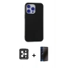 MARSİLYAN™- iPhone 15 Pro Max Kılıf Ahenk Serisi - Siyah 3D Antistatik Hayalet Cam Ekran Koruyucu + PVD Metal Kamera Lens - SH