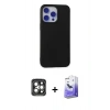 MARSİLYAN™- iPhone 15 Pro Max Kılıf Ahenk Serisi - Siyah Bilvis 5in1 5D Magic Hayalet Cam Ekran Koruyucu + PVD Metal Kamera Lens - GI