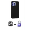 MARSİLYAN™- iPhone 15 Pro Max Kılıf Ahenk Serisi - Siyah Bilvis 5in1 5D Magic Hayalet Cam Ekran Koruyucu + PVD Metal Kamera Lens - SH