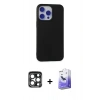 MARSİLYAN™- iPhone 15 Pro Max Kılıf Ahenk Serisi - Siyah Bilvis 5in1 5D Magic Hayalet Cam Ekran Koruyucu + PVD Metal Kamera Lens - LT