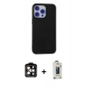 MARSİLYAN™- iPhone 15 Pro Max Kılıf Ahenk Serisi - Siyah Bilvis Hayalet Cam Ekran Koruyucu + Turuncu PVD Metal Kamera Lens