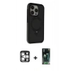 MARSİLYAN™- iPhone 15 Pro Max Kılıf Ahenk Yansıma Özel Seri - Siyah 360 Mat Full Body Arka Koruyucu + Gümüş PVD Metal Kamera Lens