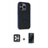 MARSİLYAN™- iPhone 15 Pro Max Kılıf Ahenk Yansıma Özel Seri - Siyah 3D Antistatik Hayalet Cam Ekran Koruyucu + Siyah PVD Metal Kamera Lens