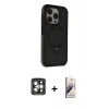 MARSİLYAN™- iPhone 15 Pro Max Kılıf Ahenk Yansıma Özel Seri - Siyah Bilvis 3D Mat Cam Ekran Koruyucu + Gri PVD Metal Kamera Lens