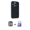 MARSİLYAN™- iPhone 15 Pro Max Kılıf Ahenk Yansıma Özel Seri - Siyah Bilvis 5in1 5D Magic Hayalet Cam Ekran Koruyucu + Lacivert PVD Metal Kamera Lens