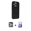 MARSİLYAN™- iPhone 15 Pro Max Kılıf Ahenk Yansıma Özel Seri - Siyah Bilvis 5in1 5D Magic Hayalet Cam Ekran Koruyucu + Lacivert PVD Metal Kamera Lens
