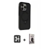 MARSİLYAN™- iPhone 15 Pro Max Kılıf Ahenk Yansıma Özel Seri - Siyah Bilvis Hayalet Cam Ekran Koruyucu + Gri PVD Metal Kamera Lens