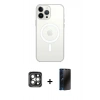 MARSİLYAN™- iPhone 15 Pro Max Kılıf Ahenk Yansıma Prime - Siyah 3D Antistatik Hayalet Cam Ekran Koruyucu + Gri PVD Metal Kamera Lens