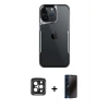MARSİLYAN™- iPhone 15 Pro Max Kılıf Akış Çizgi Koleksiyonu - Siyah 3D Antistatik Hayalet Cam Ekran Koruyucu + Siyah PVD Metal Kamera Lens