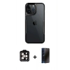 MARSİLYAN™- iPhone 15 Pro Max Kılıf Akış Çizgi Koleksiyonu - Siyah 3D Antistatik Hayalet Cam Ekran Koruyucu + Turuncu PVD Metal Kamera Lens