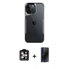 MARSİLYAN™- iPhone 15 Pro Max Kılıf Akış Çizgi Koleksiyonu - Siyah 3D Antistatik Hayalet Cam Ekran Koruyucu + Turuncu PVD Metal Kamera Lens