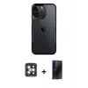 MARSİLYAN™- iPhone 15 Pro Max Kılıf Akış Çizgi Koleksiyonu - Siyah 3D Antistatik Hayalet Cam Ekran Koruyucu + PVD Metal Kamera Lens - GI