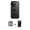 MARSİLYAN™- iPhone 15 Pro Max Kılıf Akış Çizgi Koleksiyonu - Siyah 3D Antistatik Hayalet Cam Ekran Koruyucu + PVD Metal Kamera Lens - GS
