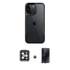 MARSİLYAN™- iPhone 15 Pro Max Kılıf Akış Çizgi Koleksiyonu - Siyah 3D Antistatik Hayalet Cam Ekran Koruyucu + Siyah PVD Metal Kamera Lens