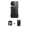 MARSİLYAN™- iPhone 15 Pro Max Kılıf Akış Çizgi Koleksiyonu - Siyah 3D Antistatik Hayalet Cam Ekran Koruyucu + Turuncu PVD Metal Kamera Lens