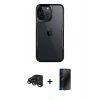 MARSİLYAN™- iPhone 15 Pro Max Kılıf Akış Çizgi Koleksiyonu - Siyah 3D Antistatik Hayalet Cam Ekran Koruyucu + Raze Metal Kamera Lens - TMGI