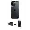 MARSİLYAN™- iPhone 15 Pro Max Kılıf Akış Çizgi Koleksiyonu - Siyah 3D Antistatik Hayalet Cam Ekran Koruyucu + Raze Metal Kamera Lens - LT