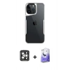 MARSİLYAN™- iPhone 15 Pro Max Kılıf Akış Çizgi Koleksiyonu - Siyah Bilvis 5in1 5D Magic Hayalet Cam Ekran Koruyucu + Gri PVD Metal Kamera Lens