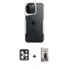 MARSİLYAN™- iPhone 15 Pro Max Kılıf Akış Çizgi Koleksiyonu - Siyah Bilvis Hayalet Cam Ekran Koruyucu + PVD Metal Kamera Lens - LT