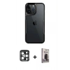 MARSİLYAN™- iPhone 15 Pro Max Kılıf Akış Çizgi Koleksiyonu - Siyah Bilvis Hayalet Cam Ekran Koruyucu + PVD Metal Kamera Lens - LT