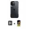 MARSİLYAN™- iPhone 15 Pro Max Kılıf Akış Çizgi Koleksiyonu - Siyah Buffer Cam Ekran Koruyucu + PVD Metal Kamera Lens - SH