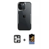 MARSİLYAN™- iPhone 15 Pro Max Kılıf Akış Çizgi Koleksiyonu - Siyah Buffer Hayalet Cam Ekran Koruyucu + PVD Metal Kamera Lens - GS
