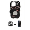 MARSİLYAN™- iPhone 15 Pro Max Kılıf Akış Yansıma - Siyah 3D Antistatik Hayalet Cam Ekran Koruyucu + PVD Metal Kamera Lens - SH